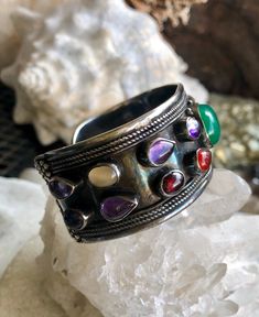 Beautiful Muiltistone Amethyst Green Stone Sterling Silver Vintage Cuff Bracelet weighs 49 grams Unique Multi-stone Cuff Bracelet Gift, Unique Multi-stone Cuff Bracelet As A Gift, Silver Amethyst Gemstone Cuff Bracelet, Amethyst Multi-stone Bracelet Gift, Bohemian Amethyst Cuff Bracelet Bangle, Fusion Style Gemstone Cuff Bracelet, Adjustable Multi-stone Gemstone Bracelet, Spiritual Gemstone Cuff Bangle Bracelet, Amethyst Multi-stone Healing Jewelry