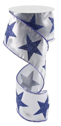 a roll of white and blue ribbon with stars printed on it, tied to the side