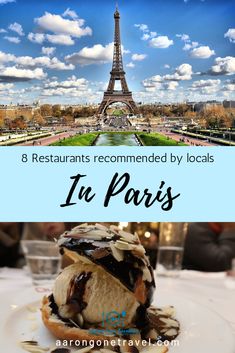 the eiffel tower in paris with text overlay that reads 8 restaurants recommended by locals