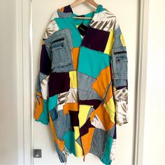 Unique One Of A Kind Handmade Multi-Colored Patchwork Jacket With Hoodie. A Local Los Angeles Artist Created This Completely By Hand. Never Worn, Tag Still Attached. Magnetic Buttons To Keep It Closed. Multicolor Relaxed Fit Cotton Outerwear, Orange Patchwork Outerwear For Spring, Multicolor Relaxed Fit Outerwear With Pockets, Relaxed Fit Multicolor Outerwear With Pockets, Multicolor Cotton Outerwear For Work, Oversized Multicolor Patchwork Outerwear, Yellow Cotton Outerwear With Patchwork, Yellow Cotton Patchwork Outerwear, Jacket With Hoodie