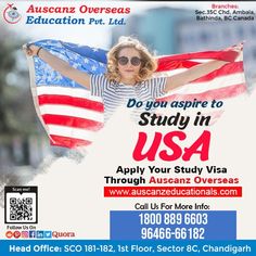 a woman holding an american flag with the words do you aspire to study in usa?