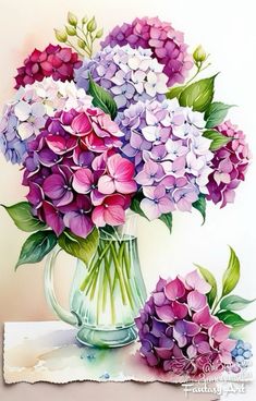 a painting of purple and white flowers in a glass vase with watercolor paper on the bottom