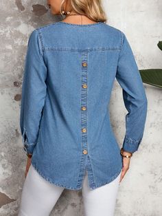 Women's Casual Back Button Denim Shirt For Autumn Blue Casual  Long Sleeve Denim Plain Shirt Non-Stretch  Women Clothing, size features are:Bust: ,Length: ,Sleeve Length: