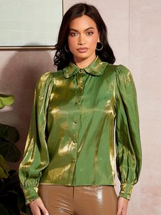 Metallic Shirt, Leather Blouse, Pleather Pants, Bishop Sleeve, Plain Shirts, Lantern Sleeve