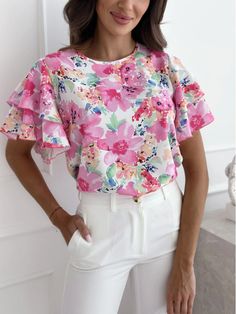 Olivia Mark - Simplified Short-Sleeve Blouse with Floral Lotus Leaf Sleeves and Round Neck Spring Flutter Sleeve Printed Blouse, Feminine Summer Crew Neck Blouse, Feminine Crew Neck Top For Spring, Ruffle Sleeve Printed Top For Brunch, Casual Crew Neck Office Blouse, Casual Crew Neck Blouse For Office, Spring Floral Print Tops With Flutter Sleeve, Feminine Printed Ruffle Sleeve Blouse, Casual Flutter Sleeve Blouse For Spring