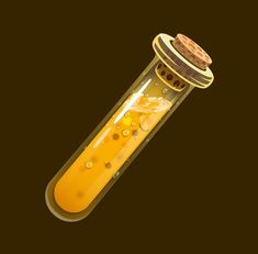 a bottle filled with yellow liquid and a cork on the top is shown in this image