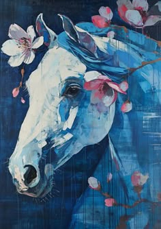 a painting of a white horse with pink flowers on it's head and blue background