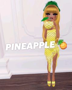 a girl in a pineapple dress is holding an orange