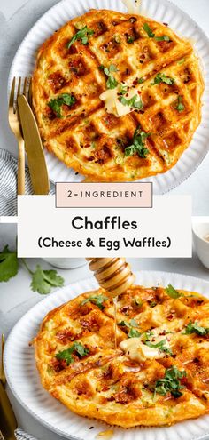 two plates with waffles on them and the words, 2 ingredient chaffles cheese & egg waffles