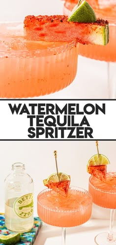 two glasses filled with watermelon tequila spritzer