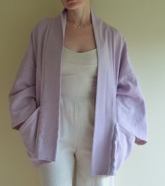 ✨A comfortable oversized kimono made of natural fabric. Nice, fresh violet color. 🧵All seams are finished with beige bias binding. 📏Suitable for size M and L Made for those who love comfort and unique things, and for those who support sustainable fashion💚 Long Sleeve Kimono With Natural Dye And Relaxed Fit, Cotton Kimono With Natural Dye And Kimono Sleeves, Oversized Cotton Kimono With Pockets, Spring Loungewear Kimono With Natural Dye, Cotton Kimono With Natural Dye And Relaxed Fit, Spring Outerwear In Cotton With Natural Dye, Casual Cotton Kimono With Natural Dye, Oversized Cotton Kimono For Daywear, Kimono Jacket Outfit