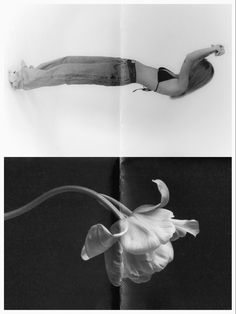 two photographs of a woman with long hair and flowers in her hands, one is upside down