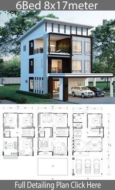 two story house plan with floor plans and measurements for each room in the same area