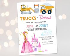 TRUCKS and TIARAS invitation Princess and trucks Castle Construction truck invitation Boy and girl party invitation princess truck invite INSTANT DOWNLOAD ACCESS, PRINT TODAY! READ BELOW FOR MORE DETAILS Try before you buy! Demo this item NOW! (copy and paste into your browser) https://www.corjl.com/d/J74L4 Edit your items using Corjl.com right after purchasing. - No waiting - you'll have access to your item right after purchasing! - No need to download any software - personalize this item right Princess And Truck Birthday Party, Monster Truck And Princess Party, Boy Girl Shared Birthday Party Ideas, Combined Birthday Party Sibling Themes, Trucks And Tiaras Birthday Party, Boy And Girl Birthday Party Themes, Boy Girl Birthday Party Ideas, Castle Construction, Shared Birthday Parties