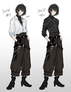 an anime character in black pants and white shirt with chains on his waist, standing next to