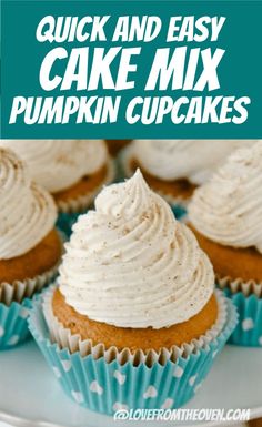 cupcakes with white frosting on top and the title overlay reads quick and easy cake mix pumpkin cupcakes