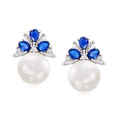 9.5-10mm Cultured Button Pearl, 1.60 ct. t.w. Simulated Sapphire and .16 ct. t.w. CZ Earrings in Sterling Silver Sapphire And Pearl, Pearl Birthstone, White Pearl Earring, Sapphire Color, Cz Jewelry, Cubic Zirconia Earrings, Cz Earrings, Pearl Types, Zirconia Earrings