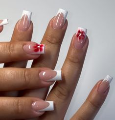 Pink Tips With Design, French Nails W Design, French Tip With Red Flower, Bloom Flower Nails, Square French Tip Designs, Basic Nail Inspo Summer, Acrylic Nail Square, Blooming Flower Nails