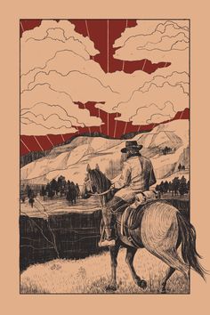 a man riding on the back of a horse next to a river under a cloudy sky