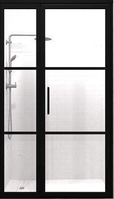 The Gridscape® GS2-2.1 industrial grid pattern hinge shower door with inline panel features two even horizontal rows of black metal mullions and three rows of large clear tempered glass panes that create a bold statement that can be uniquely configured for designs that are as versatile as they are eye-catching. FEATURES Designed and Manufactured In USA Gridscape® Shower Enclosures are Manufactured in Apex NC 1 Person Install This custom shower door can easily be installed by 1 person in approx 1 Gridscape Shower Door, Industrial Shower Doors, Coastal Shower Doors, Custom Shower Doors, Framed Shower Door, Bathroom Showers, Laundry Space, Basement Reno, 4th Street