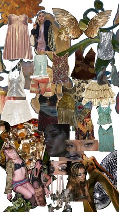 a collage of women's clothing and accessories including hats, scarves, dresses, shoes, lamps