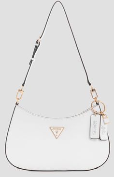 Chic White Shoulder Bag With Metal Logo, White Rectangular Bag With Metal Logo, Everyday White Shoulder Bag With Logo Hardware, Chic White Bag With Metal Logo, White Bags With Logo Hardware For Everyday, Modern White Bags With Metal Logo, Modern Shoulder Bag With Embossed Logo, White Shoulder Bag With Logo Hardware For Shopping, Modern Shoulder Bag With Logo Hardware For Shopping