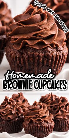 chocolate brownie cupcakes on a white plate with the words homemade brownie cupcakes