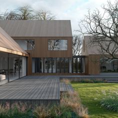 an artist's rendering of a modern house in the country side with wooden decking