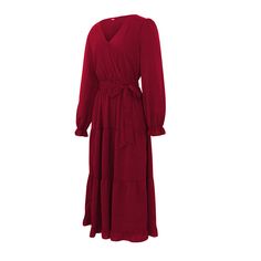 Burgundy Ruffled Hem V Neck Long Sleeve Casual Dress Fall Ruffled V-neck Maxi Dress, Fall V-neck Ruffled Maxi Dress, Fall V-neck Maxi Dress With Ruffles, Fall Maxi Dress With Ruffles And V-neck, Solid Color Long Sleeve Maxi Dress With Ruffle Hem, Red Long Sleeve Midi Dress With Ruffle Hem, Fall Ruffled Solid Maxi Dress, Solid Long Sleeve Midi Dress With Ruffle Hem, Fall Solid Color Ruffled Maxi Dress