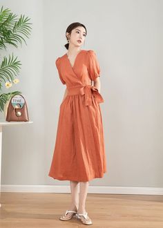 Short Sleeve Orange Wrap Linen Dress, Summer Wrap Midi Dress, Womens Dress, Long Linen Dress, Casual Linen Dress, Custom Dress * Handmade * 100 %25 washed and softened linen * With inner pockets * Custom measurements Please send me your bust, waist,hips, and height measurements if you want a custom fit. Belted V-neck Summer Dress, Cotton V-neck Belted Dresses, Summer V-neck Belted Midi Dress, Spring V-neck Linen Dress In Solid Color, Spring Linen V-neck Dress In Solid Color, Summer Linen Dress In Solid Color, Solid Color V-neck Cotton Midi Dress, Summer Daywear Belted Dresses, Summer Solid Color Midi Dress