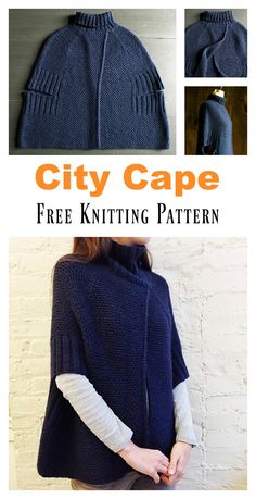 a woman wearing a blue cape with text overlay that says city cape free knitting pattern