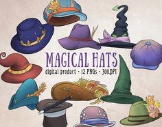 many hats are arranged in the shape of a circle on a beige background with text that reads,'magic hats digital project - 12 pngs - 350p