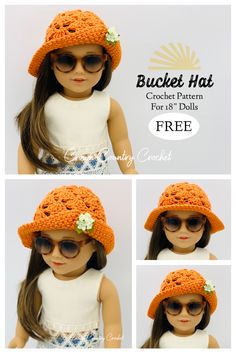 a doll wearing a crochet hat with flowers on the brim and sunglasses