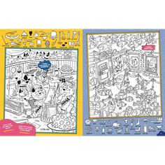 two coloring books with pictures of people in the kitchen