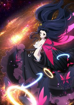 an anime character with dark hair and long black hair, standing in front of a galaxy background