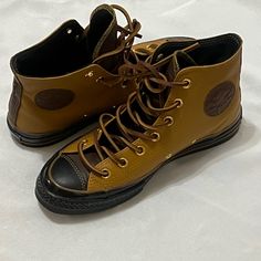 Brand New Brown, Tan Chuck Taylor All Stars With Black Rubber Soles. Never Worn, However Does Not Come In Original Packaging. Converse Shoes Custom, Converse Brown, Custom Chuck Taylors, Converse Shop, Mens Leather Sandals, Shoes Custom, Mens Leather, Womens Converse, Trendy Colors