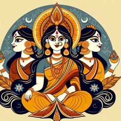 three women sitting in the middle of a circle with an ornate design on it's face