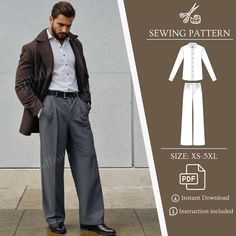 Create your own stylish and tailored wide-leg trousers with this men's sewing pattern, available in sizes XS-5XL. Perfect for any DIY fashion enthusiast, this digital PDF download includes clear instructions and a detailed pattern to help you achieve a custom fit. Whether you're new to sewing or a seasoned pro, this pattern offers an exciting project to elevate your wardrobe with a timeless piece. Download instantly and start crafting your ideal pair of trousers today!" Get a big discount with t Men Pants Pattern Trousers, Men Sewing Patterns, Sewing Patterns Pants, Wide Leg Trousers Men, Men Pants Pattern, Mens Sewing Patterns, Man Trousers, Sewing Men, Pants And Shirt