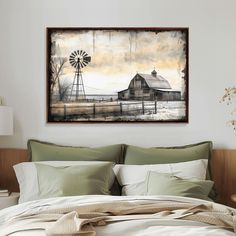 a painting on the wall above a bed