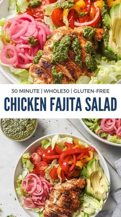 Get ready to fiesta with this smokey chicken fajita salad! Packed with fresh veggies, tangy chimichurri dressing, creamy avocado, and sweet tomatoes, it's a flavor-packed dinner that's ready in just 30 minutes! Chicken Fajita Salad Recipe, Fajita Salad Recipe, Chimichurri Dressing, Chicken Fajita Salad, Fajita Salad, Crunchy Veggies, Clean Eating Vegetarian, Chicke Recipes