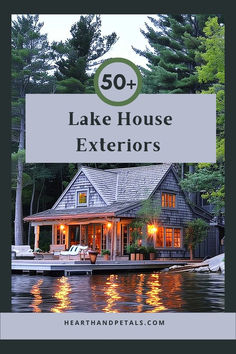 Cozy lakeside cottage with warm lighting and wooden exterior. Cabin Lake House Exterior, Lake House Cottage Exterior, Lake Cottage Remodel, Cottage Lake House Exterior, Lake House Docks Ideas, Best Lake House Exterior Colors, Lake House Siding Ideas Exterior Colors, Lake House Paint Exterior, Lake House Ideas Exterior