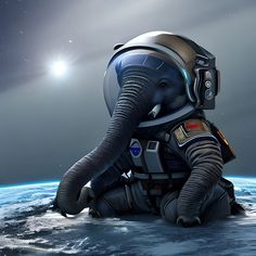 an elephant in space suit sitting on the ground