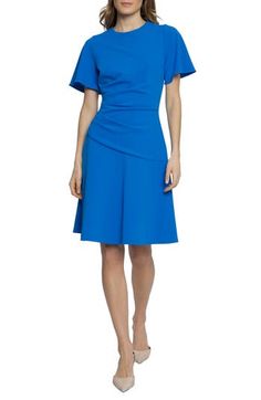 Fluttering sleeves frame this sophisticated dress designed with soft side pleats and a flouncy flared skirt. 38 1/2" length Hidden back-zip closure Jewel neck Short sleeves Lined 96% polyester, 4% spandex Machine wash, dry flat Imported Formal A-line Midi Dress With Draped Sleeves, Blue A-line Dress With Pleated Sleeves, Formal A-line Midi Dress With Ruched Detail, Fitted A-line Midi Dress With Draped Sleeves, Ruched A-line Midi Dress, Modern Blue Formal Dress, Modern Blue Evening Dress, A-line Midi Dress With Draped Sleeves For Formal Occasions, Flutter Sleeve Midi Dress For Formal Occasions