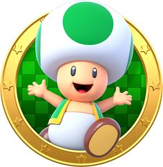 a nintendo wii game character sitting on top of a green and gold coin with his arms outstretched