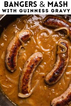 sausages and mash with guinness gravy in a skillet