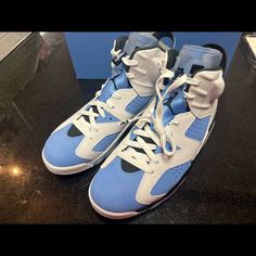 Retro 6s White & Blue Nwb Blue Low-top Sneakers With Contrasting Heel, Blue Low-top Sneakers With Contrasting Heel Counter, Blue Sneakers With Contrasting Heel And Round Toe, Blue High-top Sneakers With Contrasting Heel, Jordan Shoes Retro, Jordans For Men, Jordan Shoes, Athletic Shoes, Blue And White