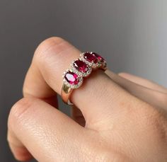 3 Ct Oval Cut Red Ruby Five Stone Wedding Ring With Halo Moissanite Accent | eBay Ruby Oval Ring, Wedding Ring With Halo, Ring Redesign, Antique Ruby Ring, Rings Matching, Ring With Halo, Stone Wedding Ring, Classic Solitaire Ring, Stone Wedding