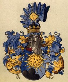 a blue and gold coat of arms with two birds on it's back end