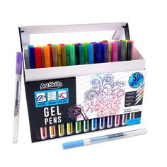 the artiss gel pens are set in a box with markers and pencils next to it