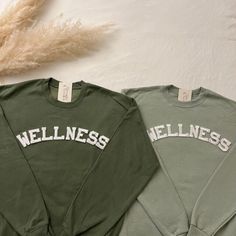 This Wellness Crewneck Sweatshirt is the perfect gift for health and wellness lovers!  - They need to be purchased individually (it's not sold as a set) - Sweatshirt material is super soft and comfy! ♡ - All our sweatshirts run a UNISEX fit. (Both for men and women) They are naturally oversized, so we normally recommend your true size. But if you like a more baggy look, we recommend sizing up. - These letters are iron-on patched and is heat pressed, not embroidered. - Please note that crewneck b Cotton Athleisure Sweatshirt For Relaxation, Crew Neck Cotton Sweatshirt For Relaxation, Cotton Crew Neck Sweatshirt For Relaxation, Casual Green Activewear For Relaxation, Comfortable Cotton Sweatshirt For Relaxation, Casual Long Sleeve Cotton Sweatshirt, Comfortable Green Tops, Comfortable Green Tops For Relaxation, Cozy Cotton Sweatshirt For Relaxation